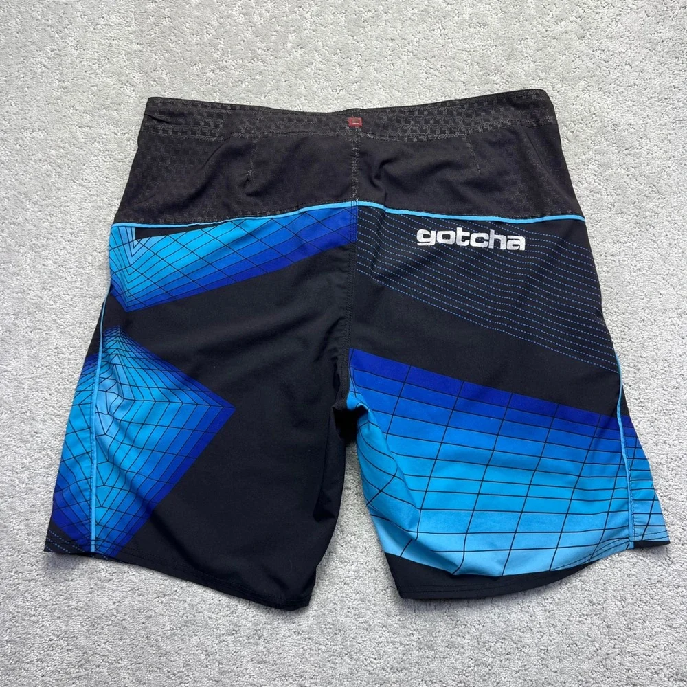 Y2k Gotcha Mens Board Shorts Sz 38 Black Blue Geometric 4-Way Stretch Swim Surf